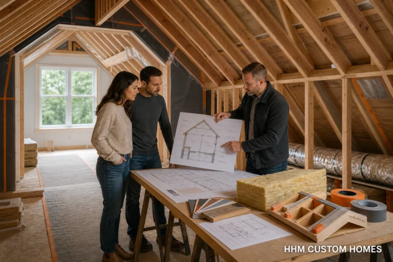 Homeowners reviewing attic conversion drawings with a construction professional