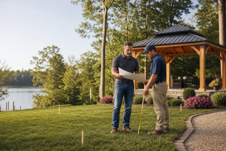 Homeowner and outdoor-project installer measuring a Carolina backyard for a gazebo installation