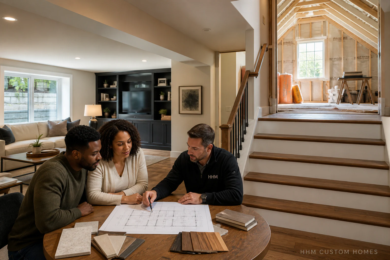 Homeowners reviewing basement and attic conversion plans with an HHM remodeling professional