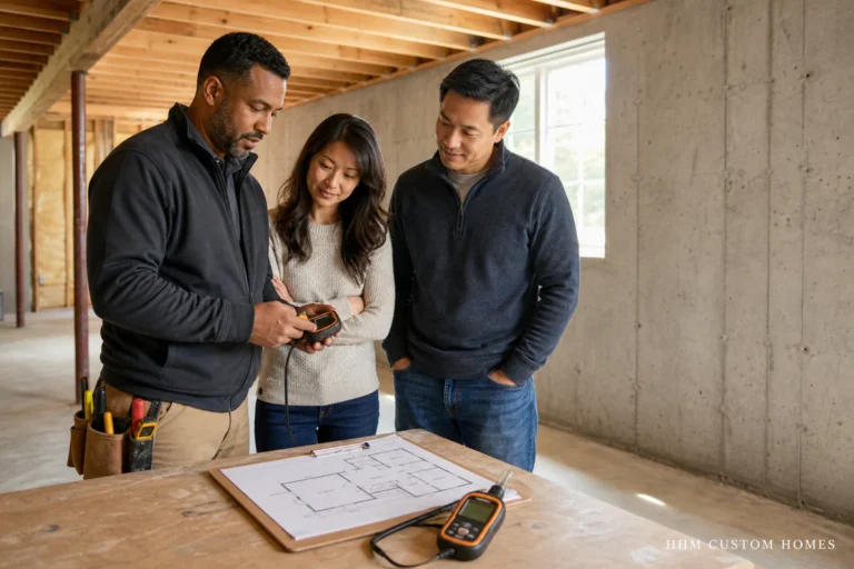 Homeowners reviewing basement moisture observations and renovation plans with a construction professional