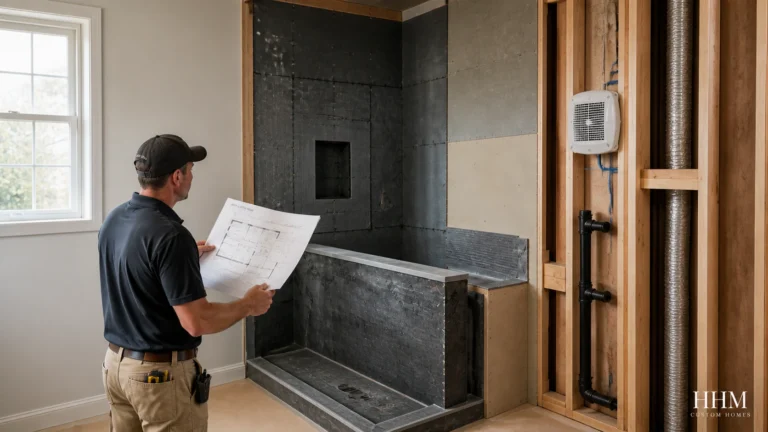 Bathroom moisture-control and waterproofing details being reviewed before finishes