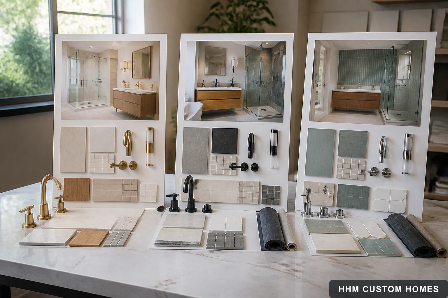 Three bathroom remodel proposals compared with coordinated finish and system samples