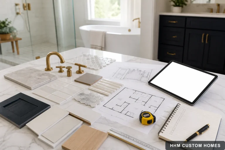 Bathroom remodel plans, measurements, tile samples, and project priorities