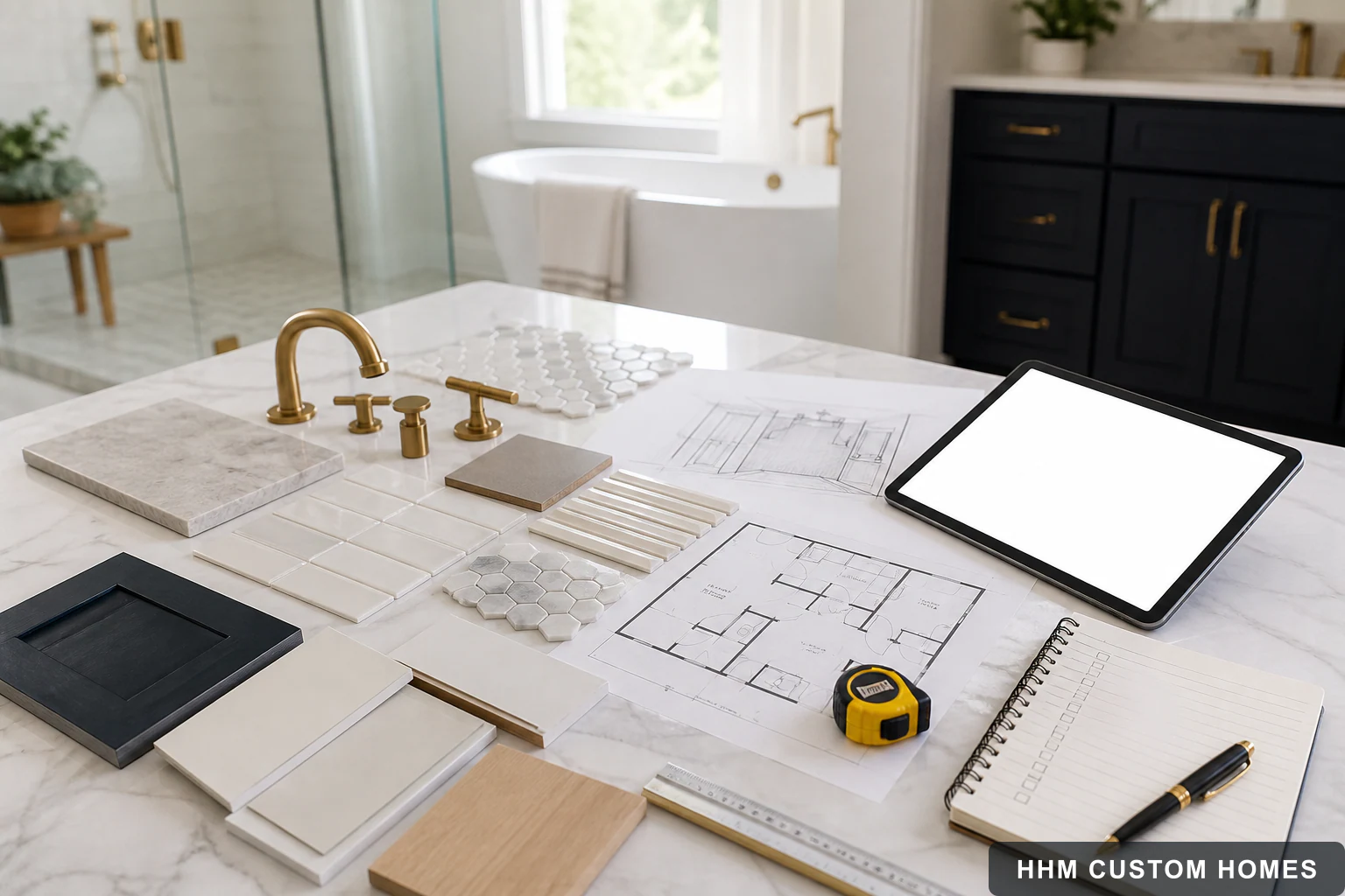 Bathroom remodel plans, measurements, tile samples, and project priorities