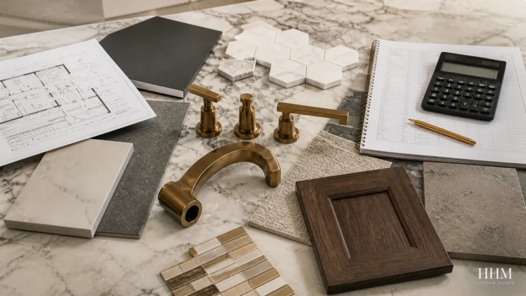 Bathroom plans, fixture selections, and cost categories arranged for estimate review