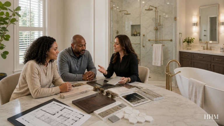 Homeowners reviewing bathroom layout and finish selections with a construction professional