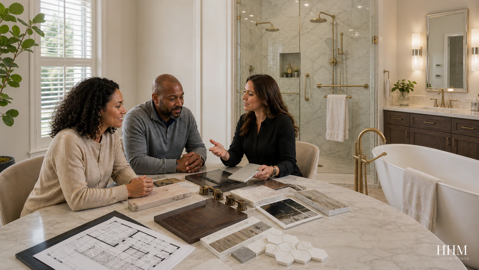 Homeowners reviewing bathroom layout and finish selections with a construction professional
