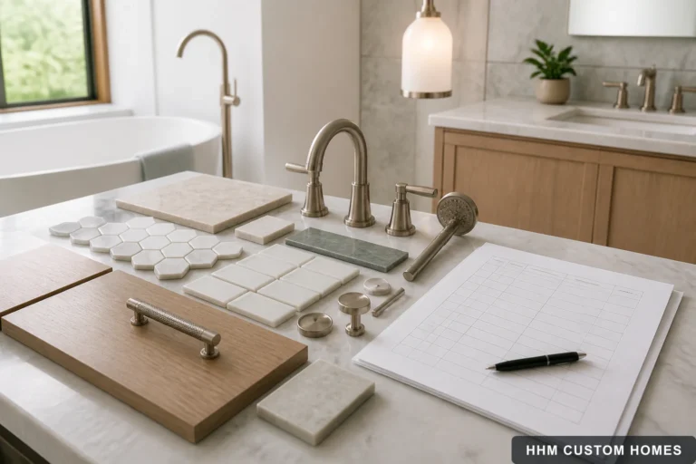 Bathroom tile, vanity, fixture, lighting, and hardware selections arranged with a decision log