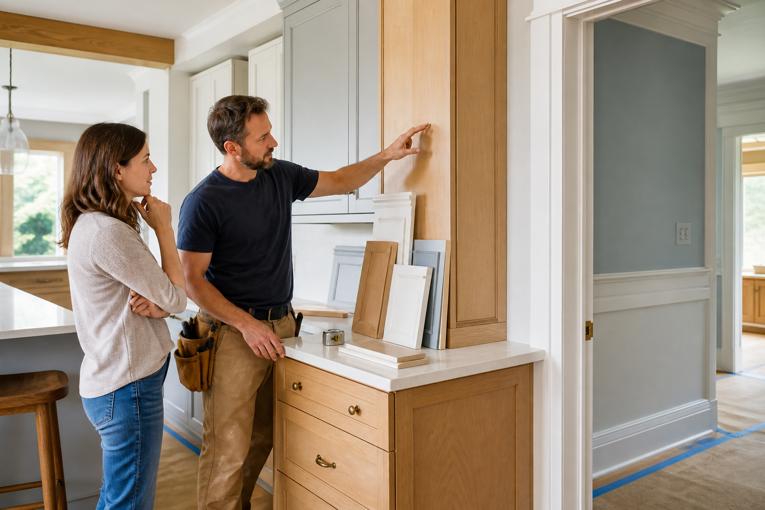 A homeowner and finish carpenter reviewing cabinet layout and trim transitions in a kitchen