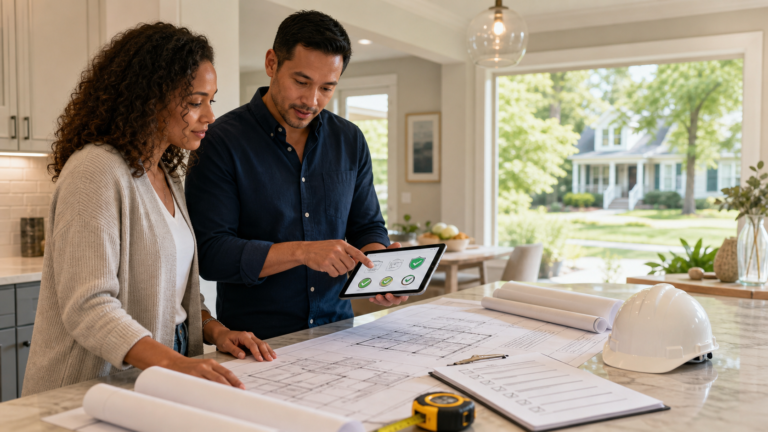 A homeowner and residential project professional reviewing plans and permit checkpoints for a Carolina home