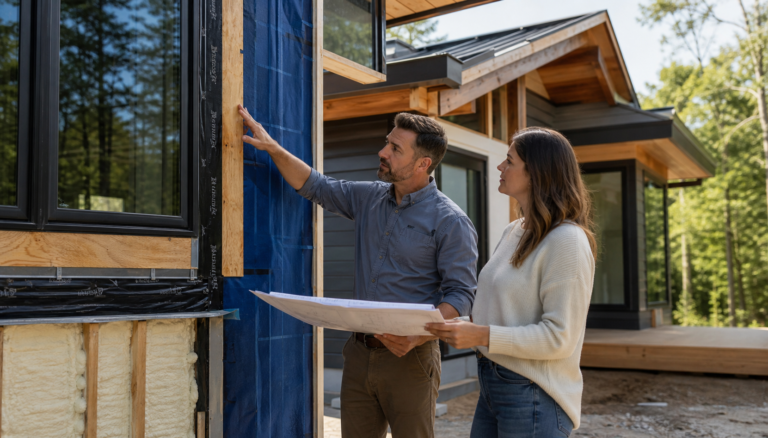 A Carolina homeowner and construction professional reviewing window flashing, insulation, and wall-envelope details