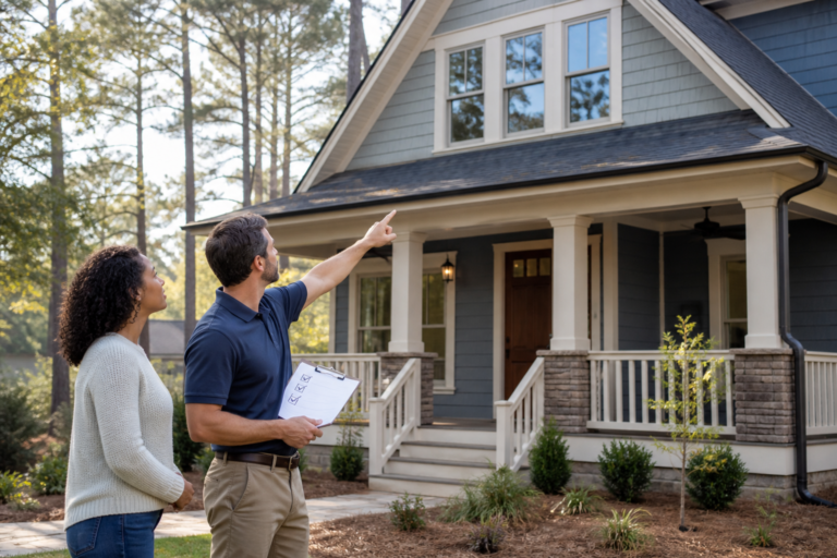 A Carolina homebuyer and inspector reviewing the exterior of a house before purchase