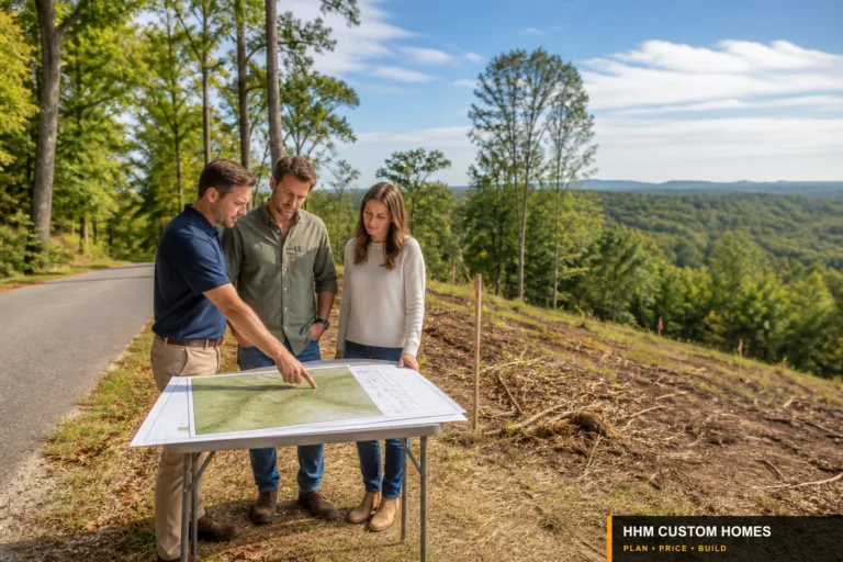 Homebuyers and land professionals reviewing a Carolina parcel map and visible site conditions before design.