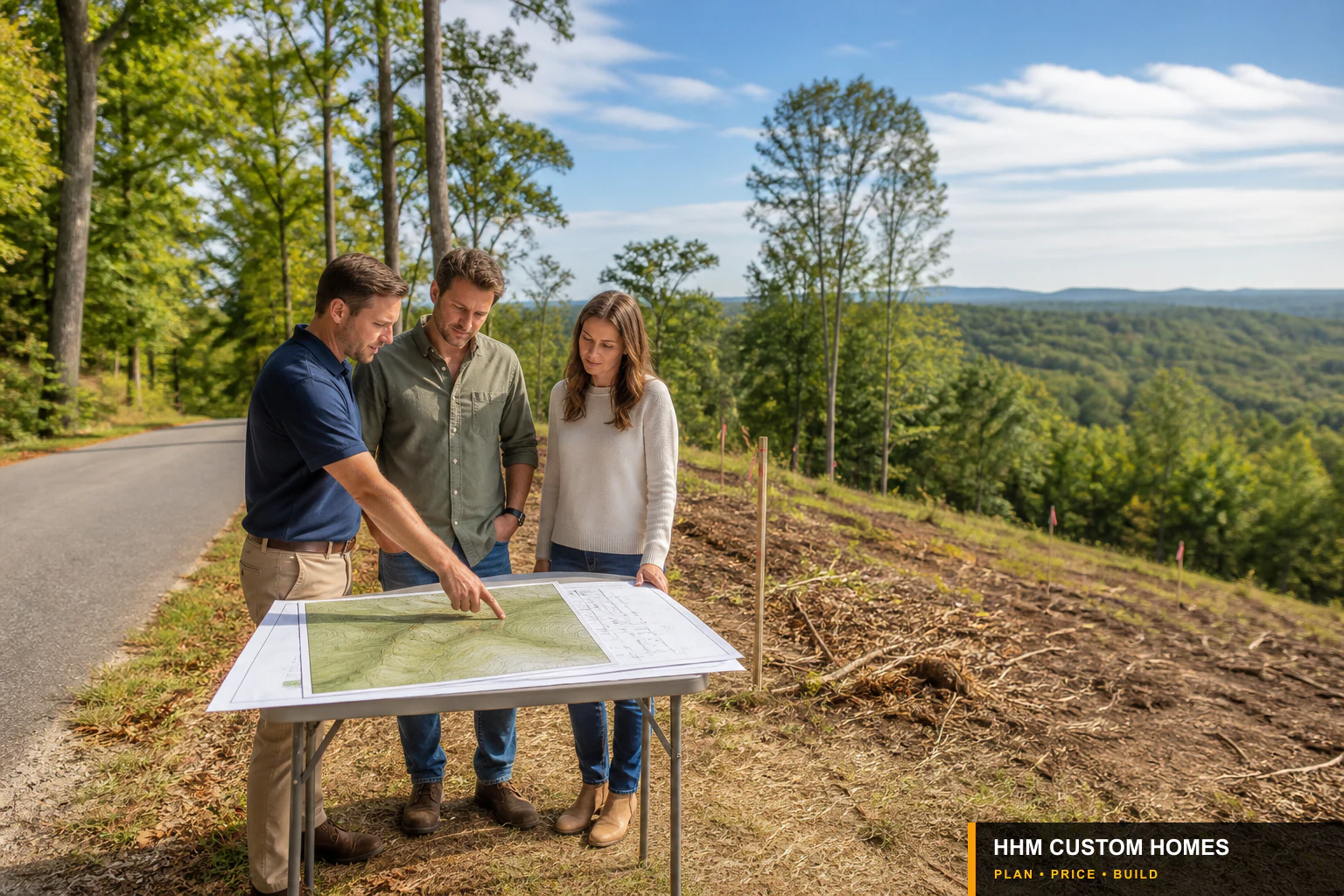 Homebuyers and land professionals reviewing a Carolina parcel map and visible site conditions before design.