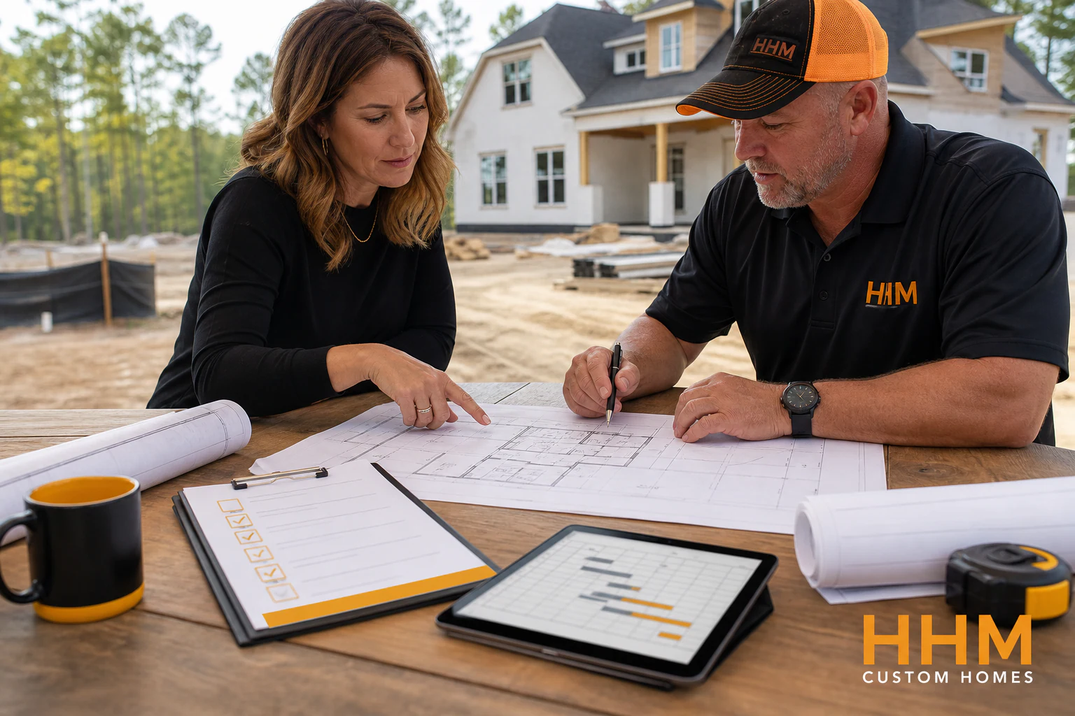Construction plans and permit documents being reviewed at a project desk