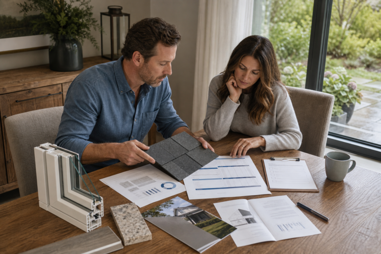 Homeowners comparing roofing, HVAC, window, and maintenance records on a Carolina home project plan