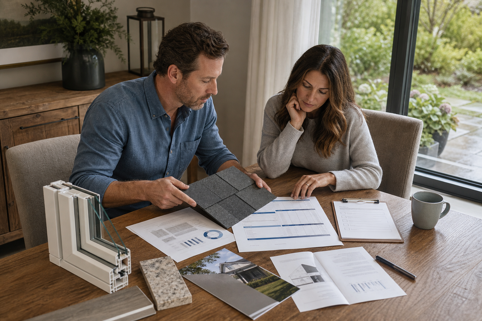 Homeowners comparing roofing, HVAC, window, and maintenance records on a Carolina home project plan