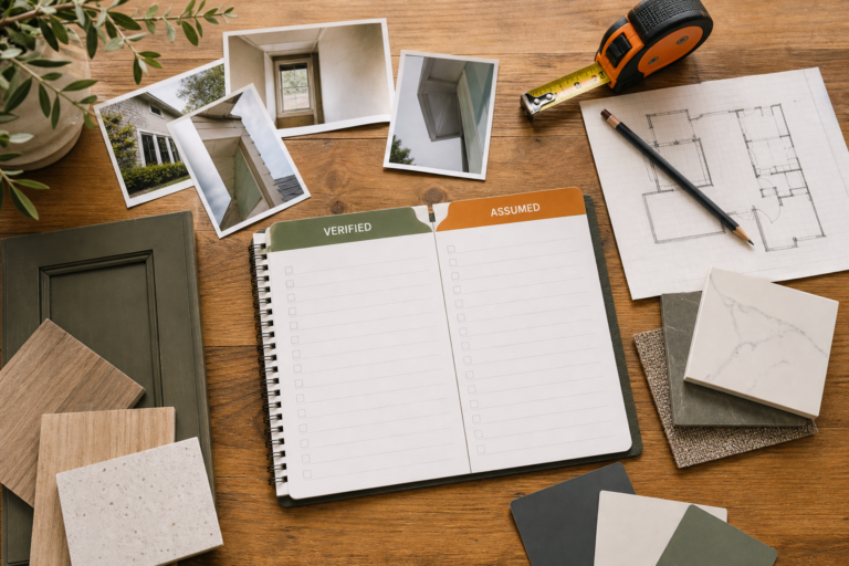 Renovation planning worksheet with scope categories, photographs, finish samples, and clearly marked verified and assumed costs