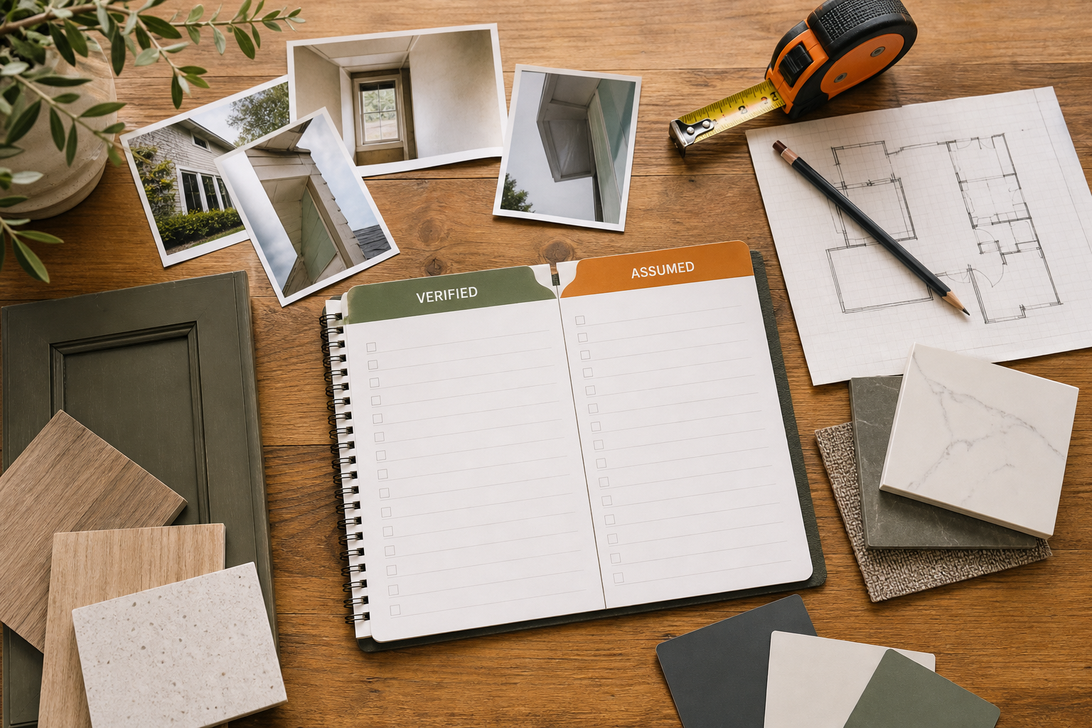 Renovation planning worksheet with scope categories, photographs, finish samples, and clearly marked verified and assumed costs