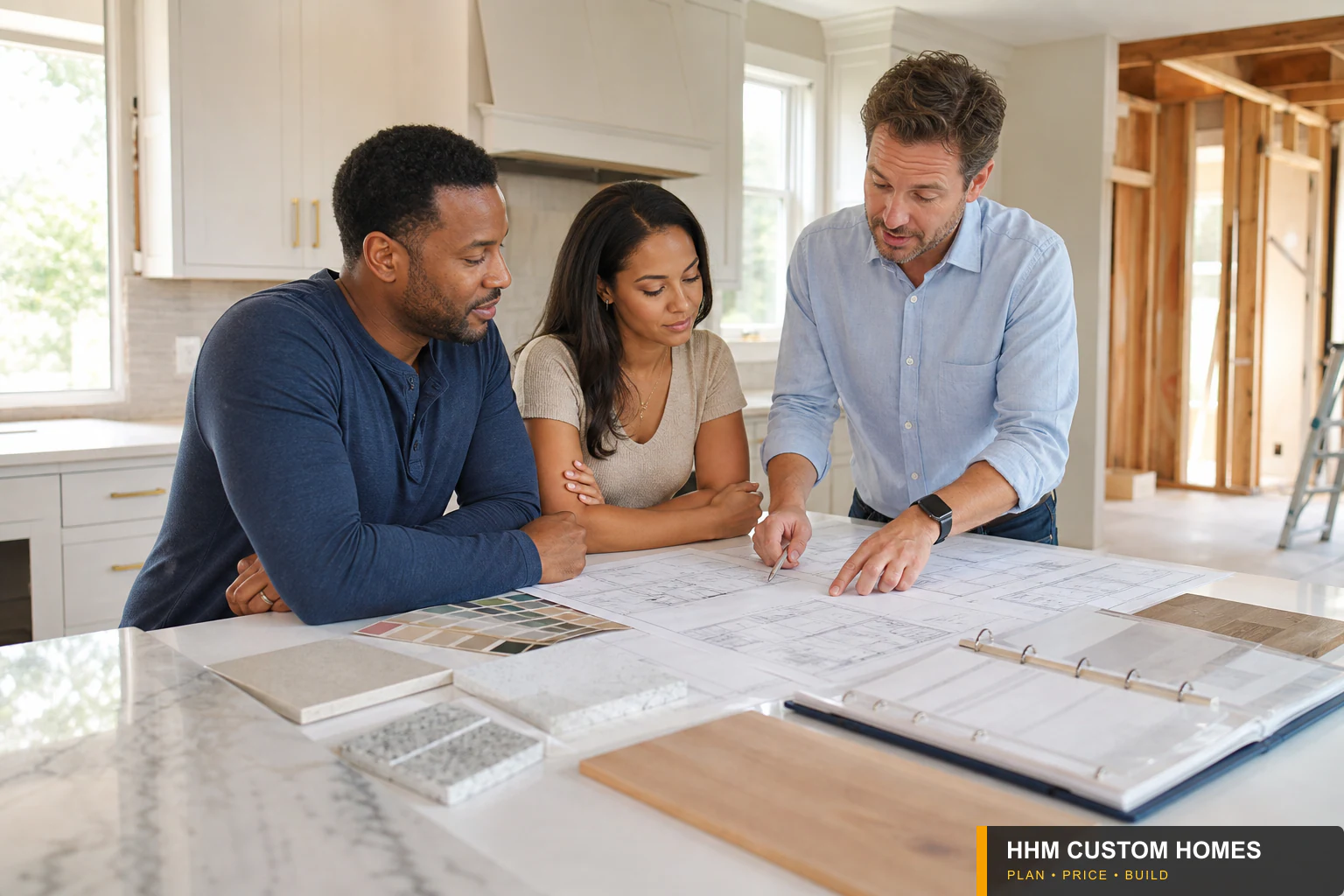 Homeowners and a construction professional reviewing revised project drawings and an organized change log.