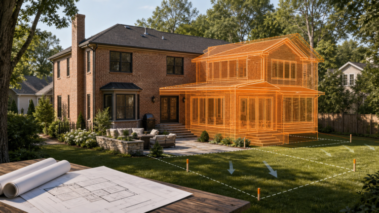 Charlotte home addition planning diagram showing the existing house, proposed rear addition, property lines, drainage direction, and permit drawings.