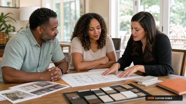Homeowners and a renovation professional reviewing a whole-home scope, floor plan, and project priorities