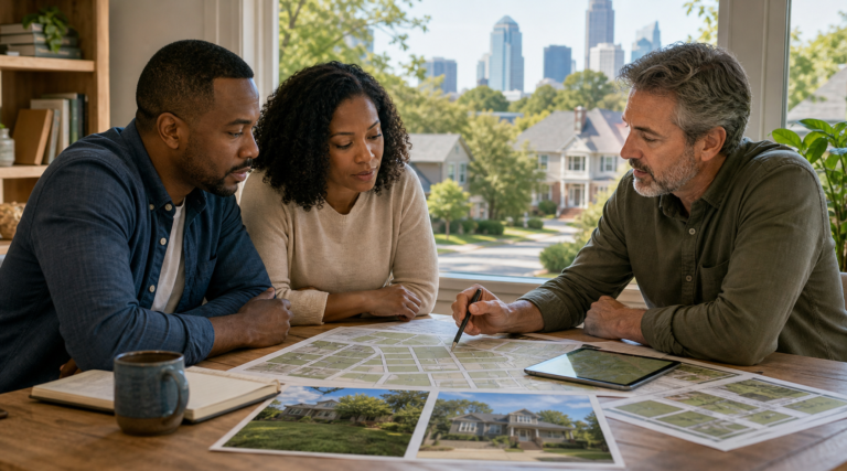 Charlotte-area homeowners and a planning professional comparing a map and home project information