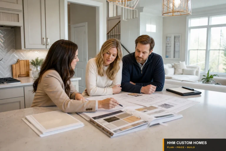 Homebuyers and independent professionals reviewing new-home plans, selections, and closing records in a completed Charlotte-area house.