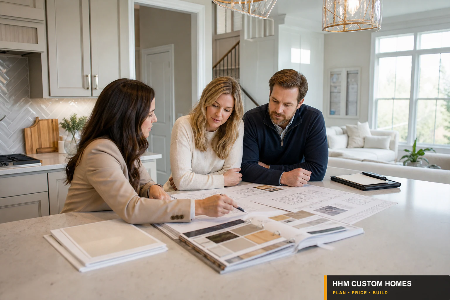 Homebuyers and independent professionals reviewing new-home plans, selections, and closing records in a completed Charlotte-area house.