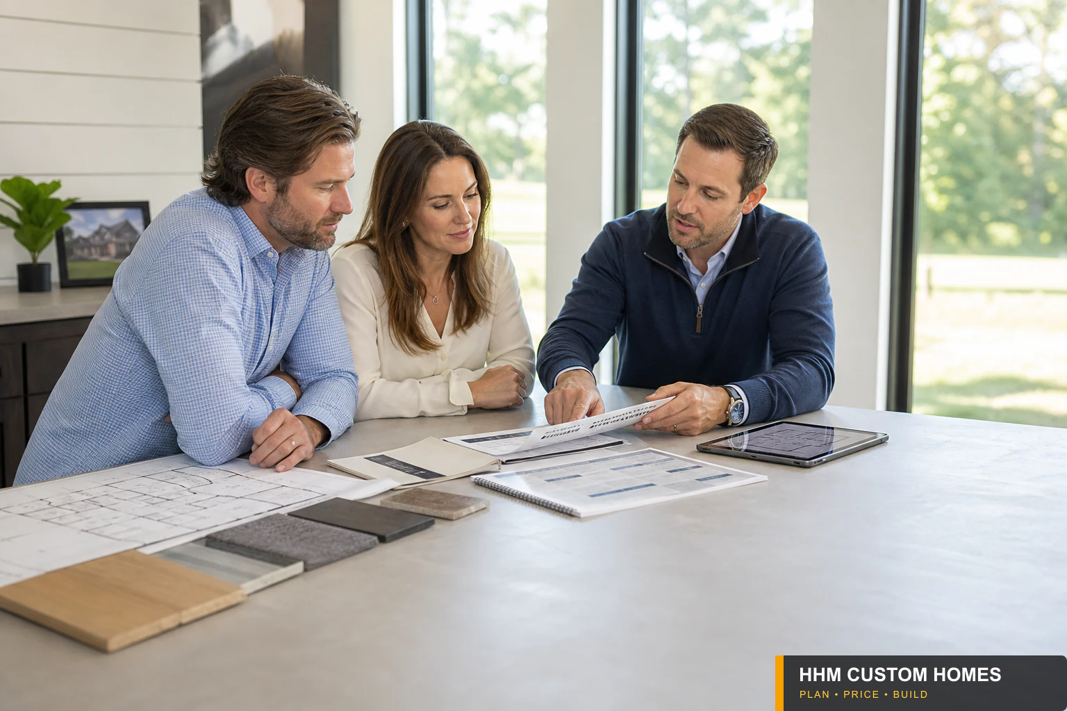 Homeowners and a construction professional reviewing organized project drawings and agreement documents.