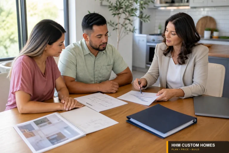 Homeowners reviewing a project budget and construction schedule with a construction professional.