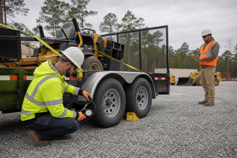 Construction fleet technicians checking a utility-trailer tire and documentation before a jobsite trip