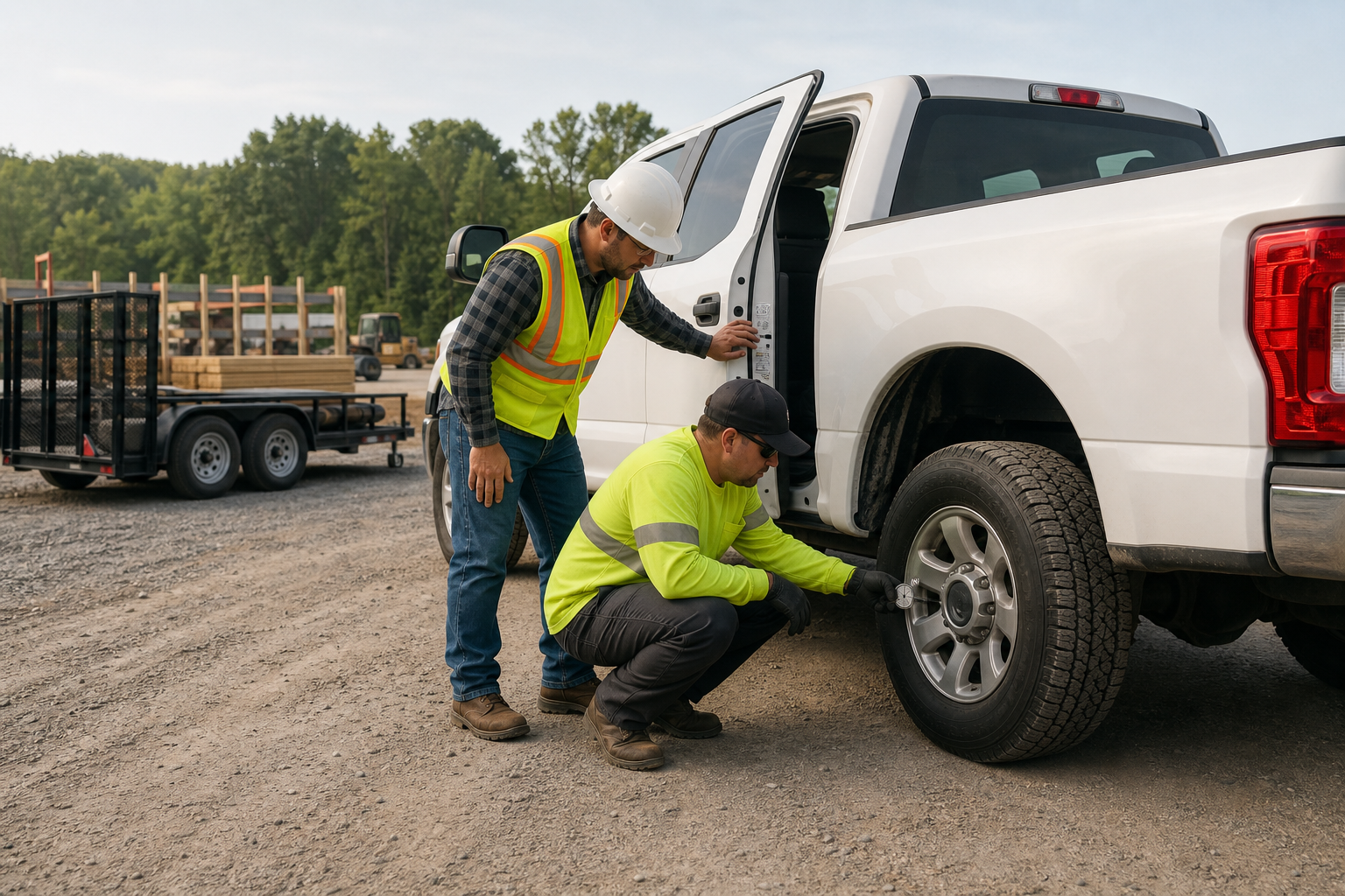 Construction fleet professionals checking a work pickup tire and the vehicle information label at a jobsite staging area