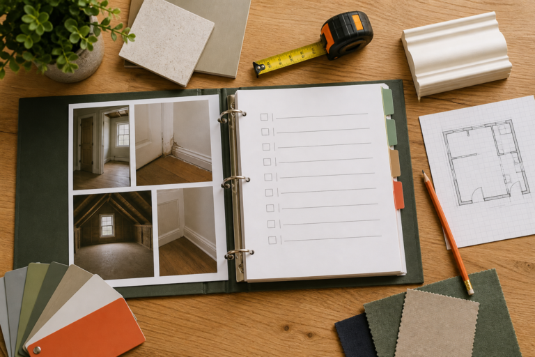 Homeowner organizing room photos, measurements, finish samples, and a project checklist before requesting contractor bids