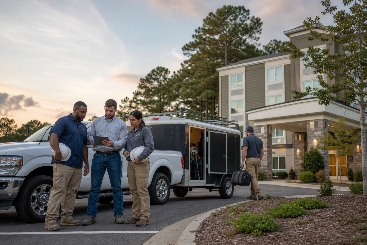 Construction crew checking lodging details beside work trucks at a Carolina project destination