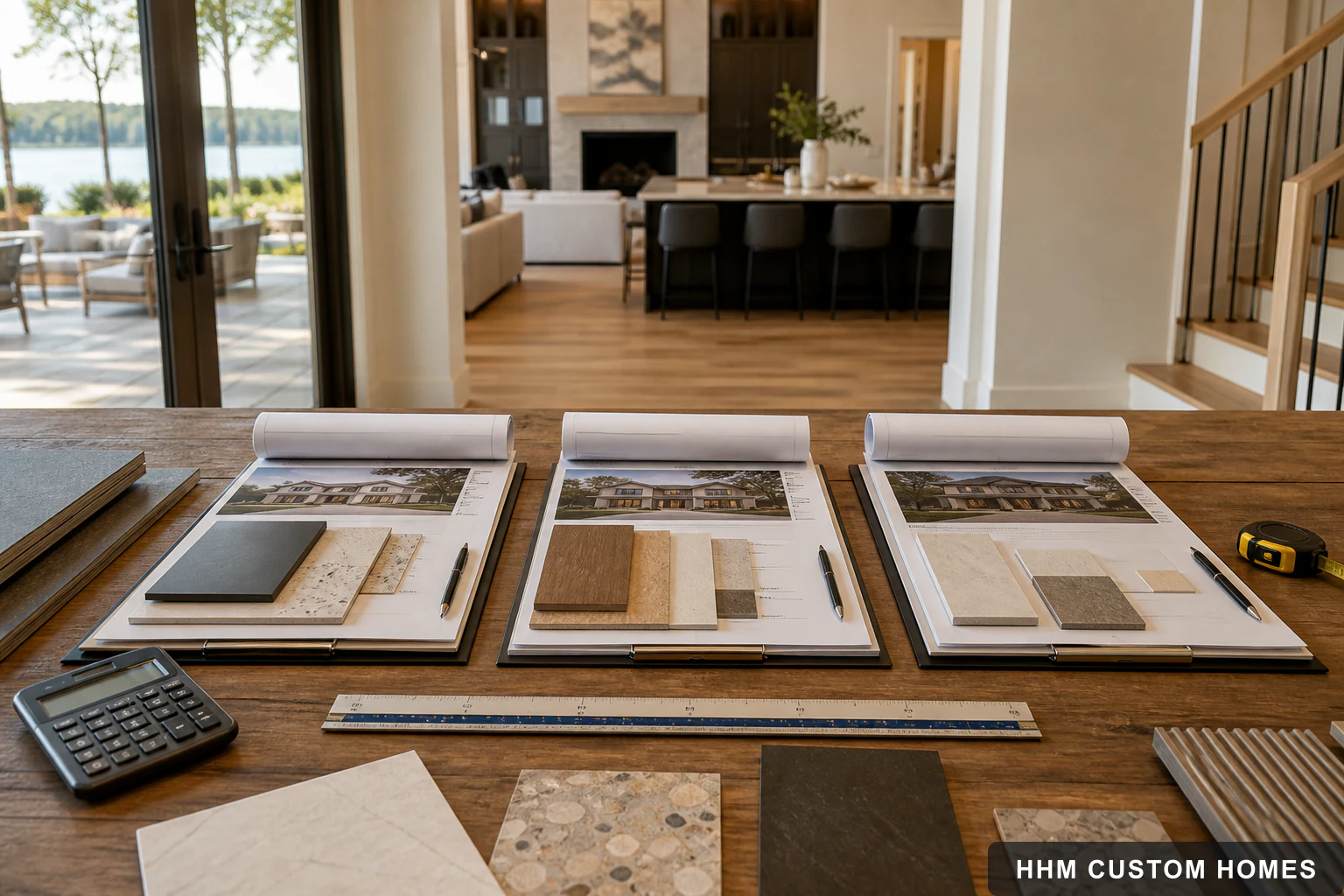 Three construction proposals, plans, and finish samples arranged for comparison