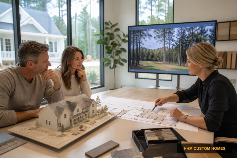 Homeowners comparing a custom-home concept with a major-renovation plan