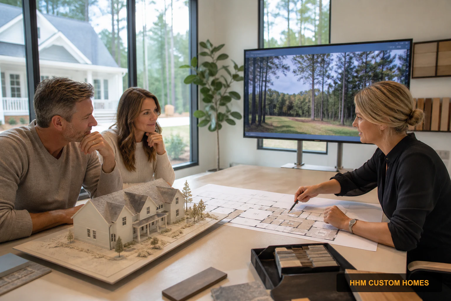Homeowners comparing a custom-home concept with a major-renovation plan