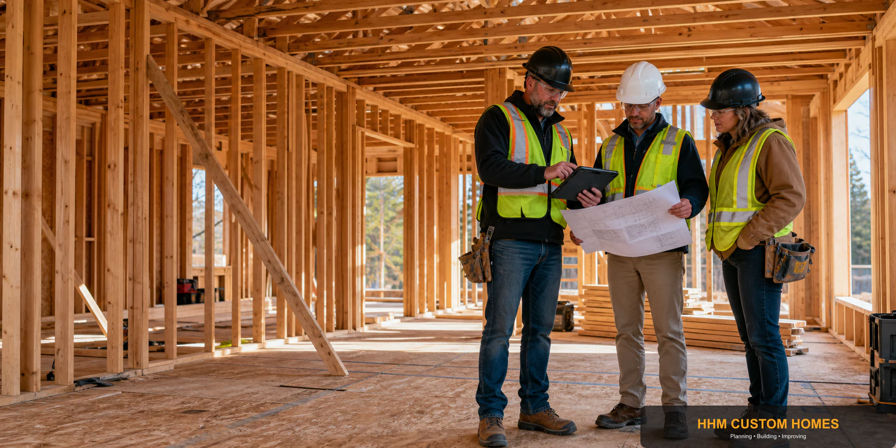 A residential construction team reviewing plans during a custom-home framing checkpoint