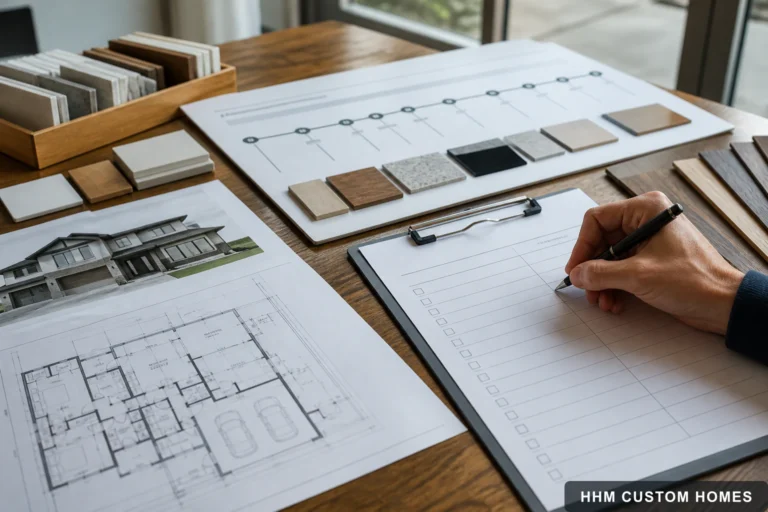 Custom-home plans, finish samples, and an organized project decision log