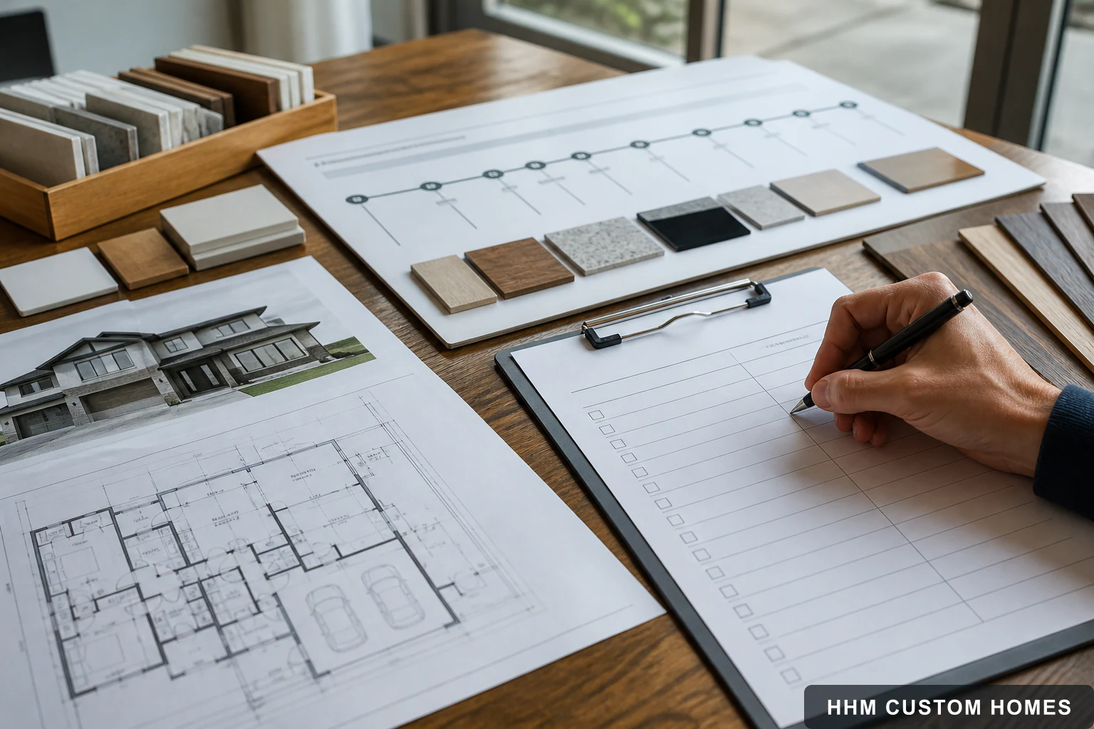 Custom-home plans, finish samples, and an organized project decision log