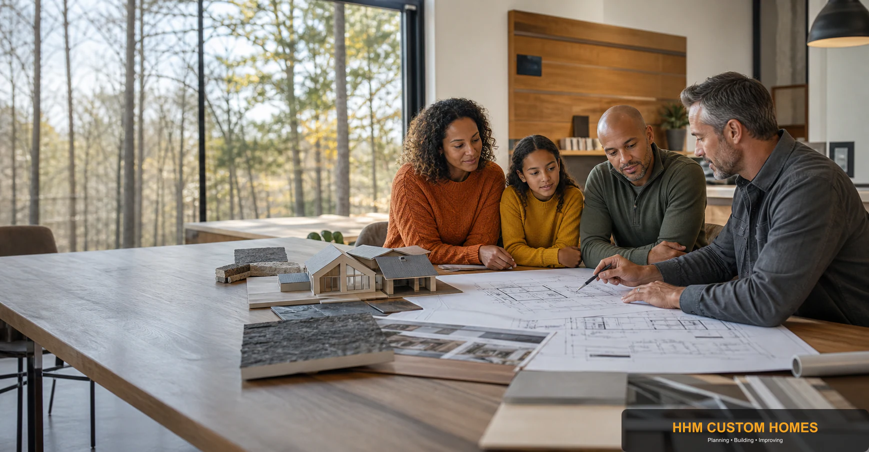 A family reviewing a custom-home design brief with a residential design professional