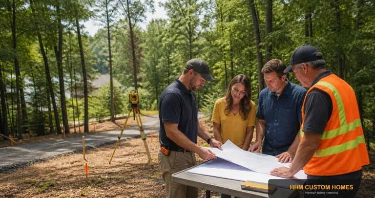 A residential construction team reviewing survey and site-planning information on a Carolina building lot
