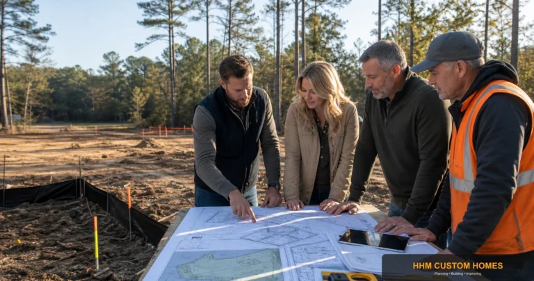 A residential construction team reviewing preconstruction plans beside a prepared Carolina homesite