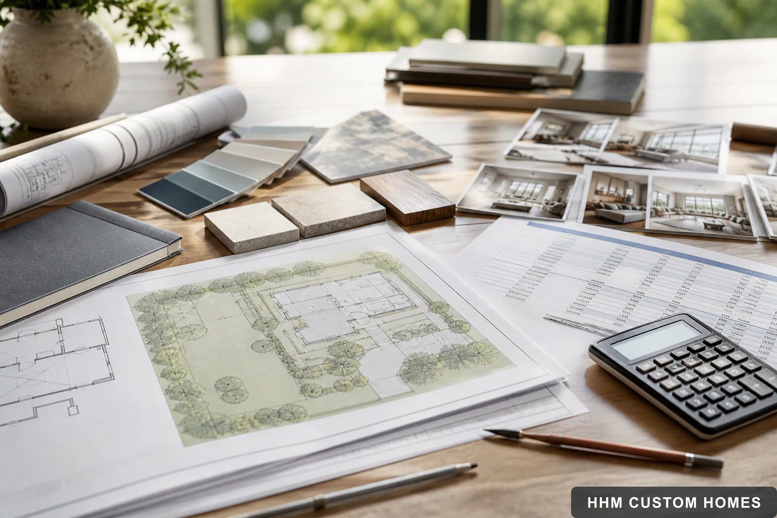 Custom-home project brief with plans, priorities, site information, and material samples