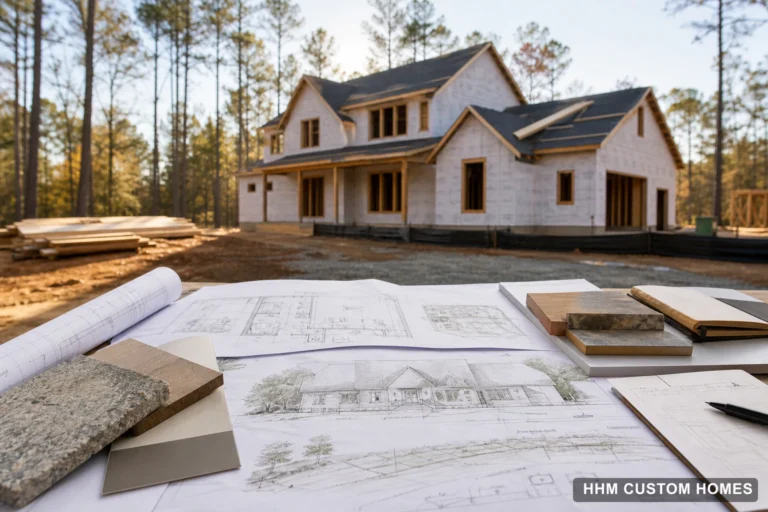 Custom-home plans and finish samples arranged in front of a Carolina home under construction