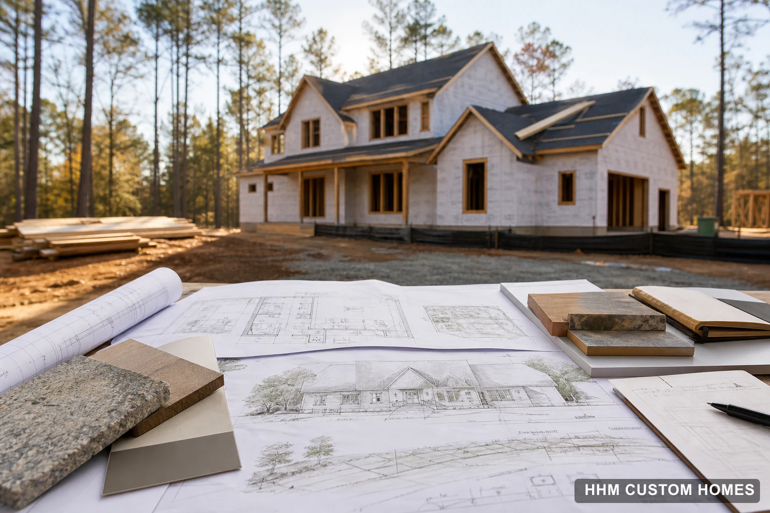 Custom-home plans and finish samples arranged in front of a Carolina home under construction