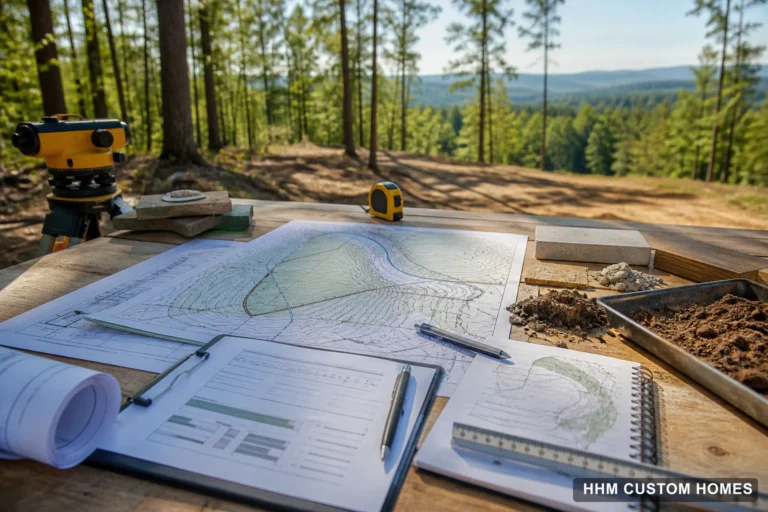 Survey, site plan, soil samples, and budget worksheet arranged at a wooded Carolina homesite