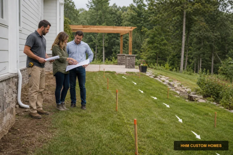 A residential project team reviewing deck and pergola site plans on a Carolina property