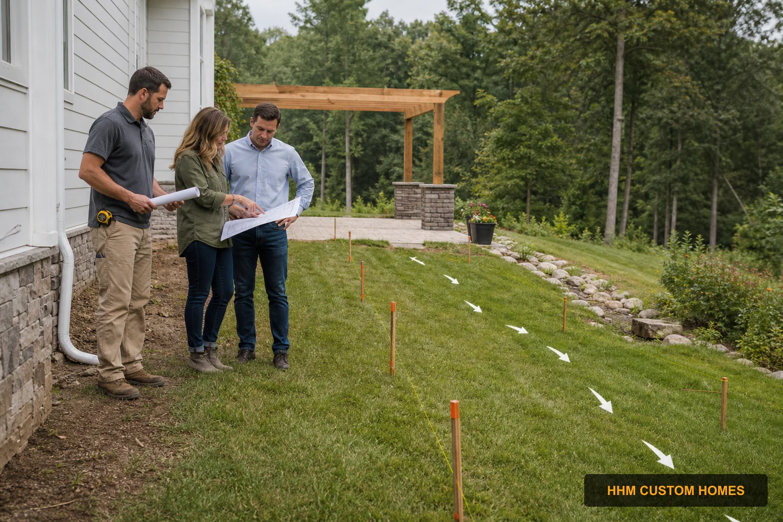 A residential project team reviewing deck and pergola site plans on a Carolina property